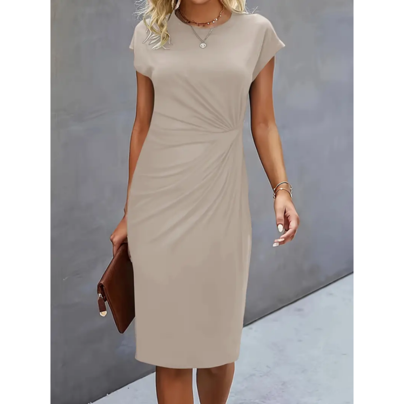 Kurzärmeliges Damen Midi-Kleid in professionellem Stil, elegante Silhouette, ideal für berufliche und formelle Anlässe.