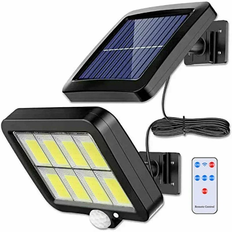 LED Solarleuchte IP65 für Außen, 100 COB-LEDs, Bewegungsmelder, wetterfest, robuste Bauweise, ideal für Garten und Einfahrt.