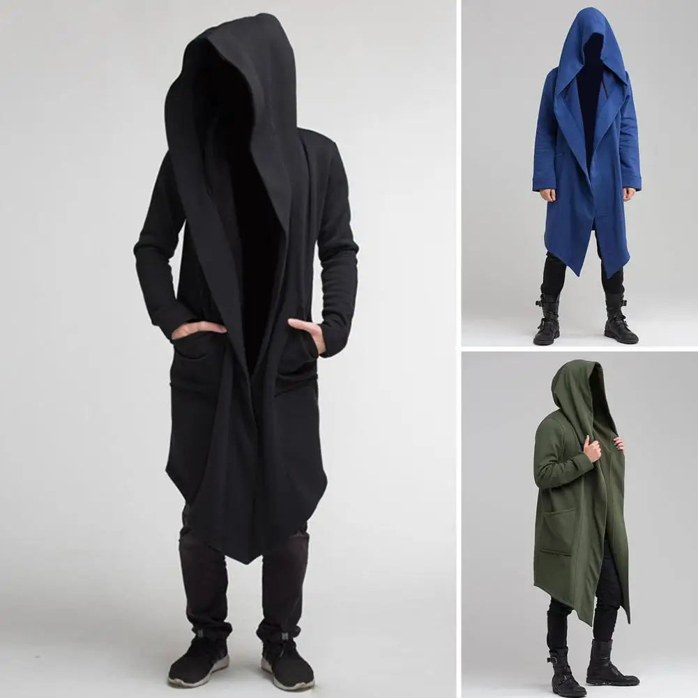 "Lange Herren-Strickjacke im Gothic-Stil mit Kapuze, elegantes Design, vielseitig für jeden Anlass"