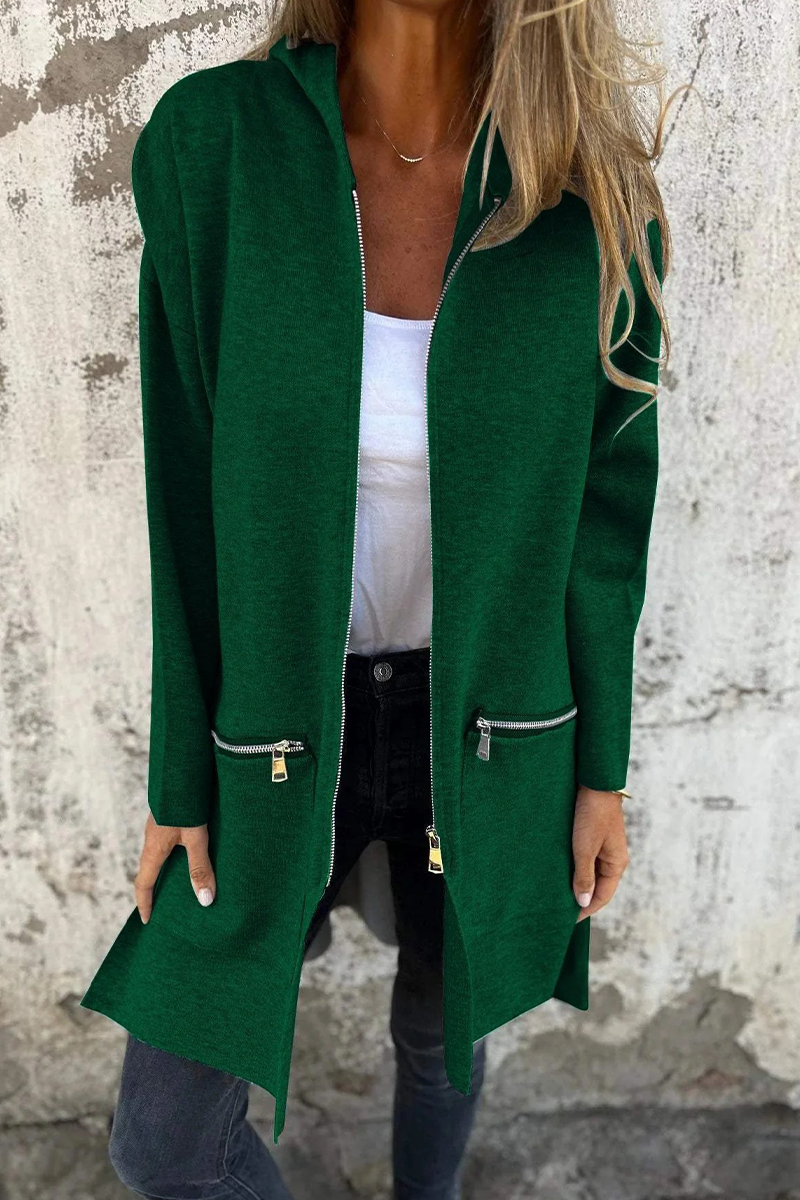 Lässige Kapuzenjacke für Damen, mit Schlitz und Reißverschluss, vorne gezeigt, erhältlich in 9 trendigen Farben.