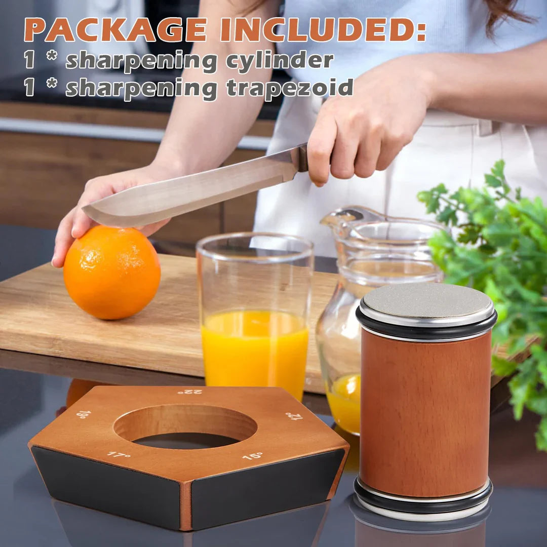 "Manueller Diamant-Messerschärfer mit Holzsockel, elegante Optik, langlebige Materialien, ideal für präzises Küchenschärfen."