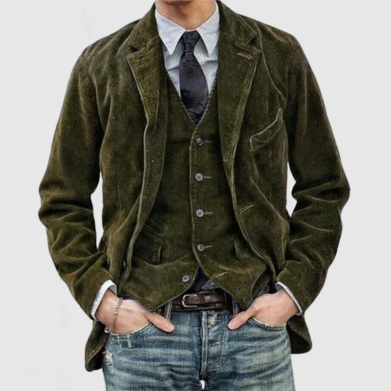 "Moderne Herren Cordjacke mit Vordertaschen, Retro-Stil, erhältlich in Braun, Grün, Navy Blau, Schwarz. Perfekt für Winter."