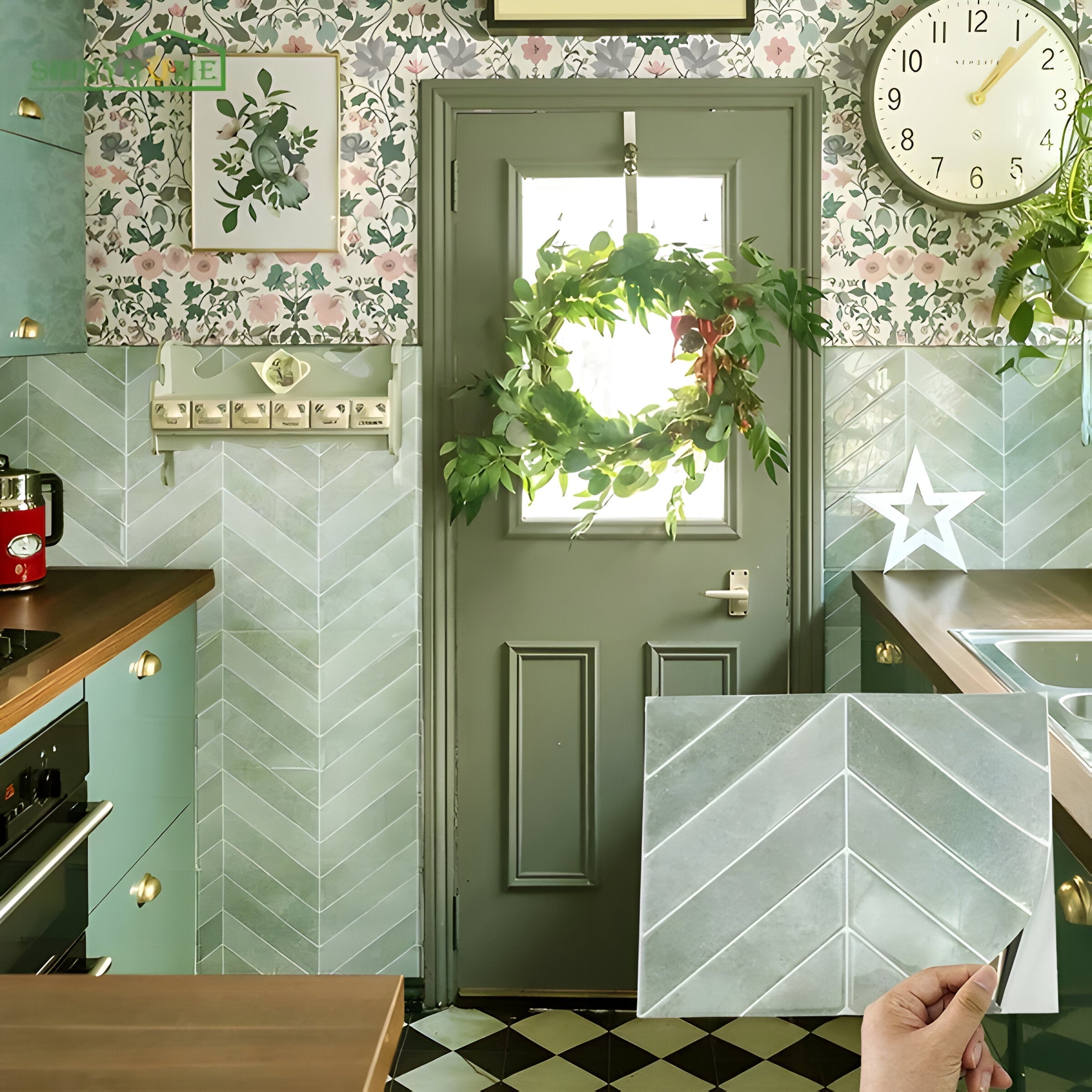 "Moderner 3D-Effekt: Selbstklebende, wasserfeste Wandfliesen in Grün, Blau oder Gelb für Bad, Küche, Wohnraum."