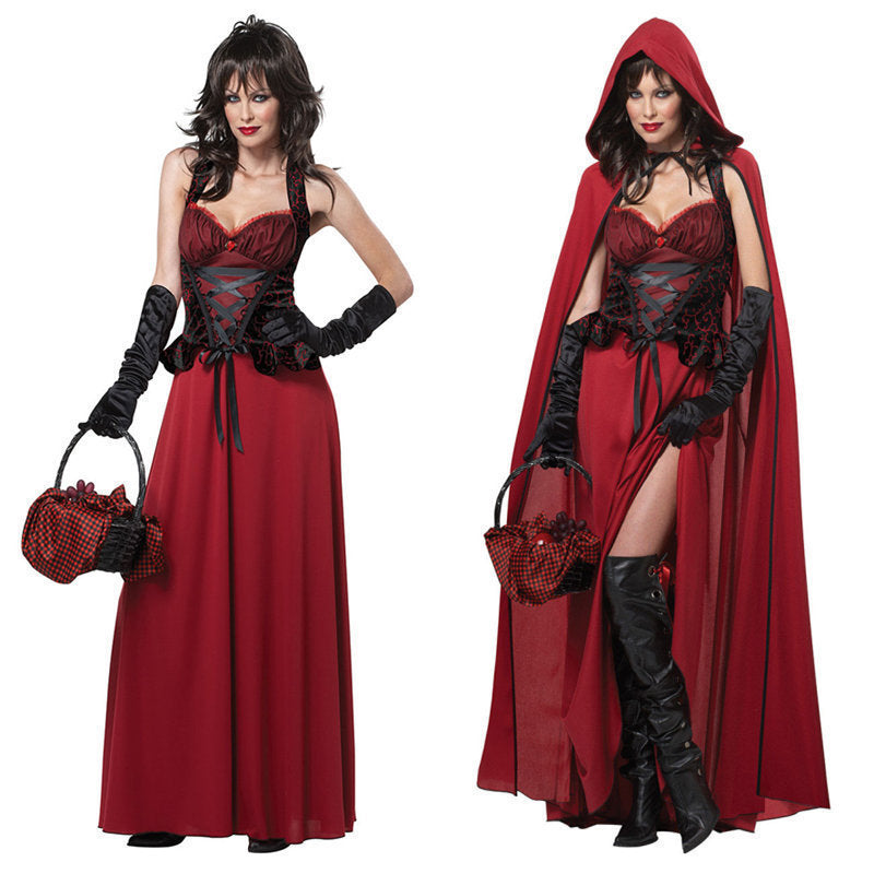 Märchenhaftes Kleid mit rotem Umhang, modernes Design, ideal für Halloween, verführerischer Look, Damen Maxi-Kostüm.