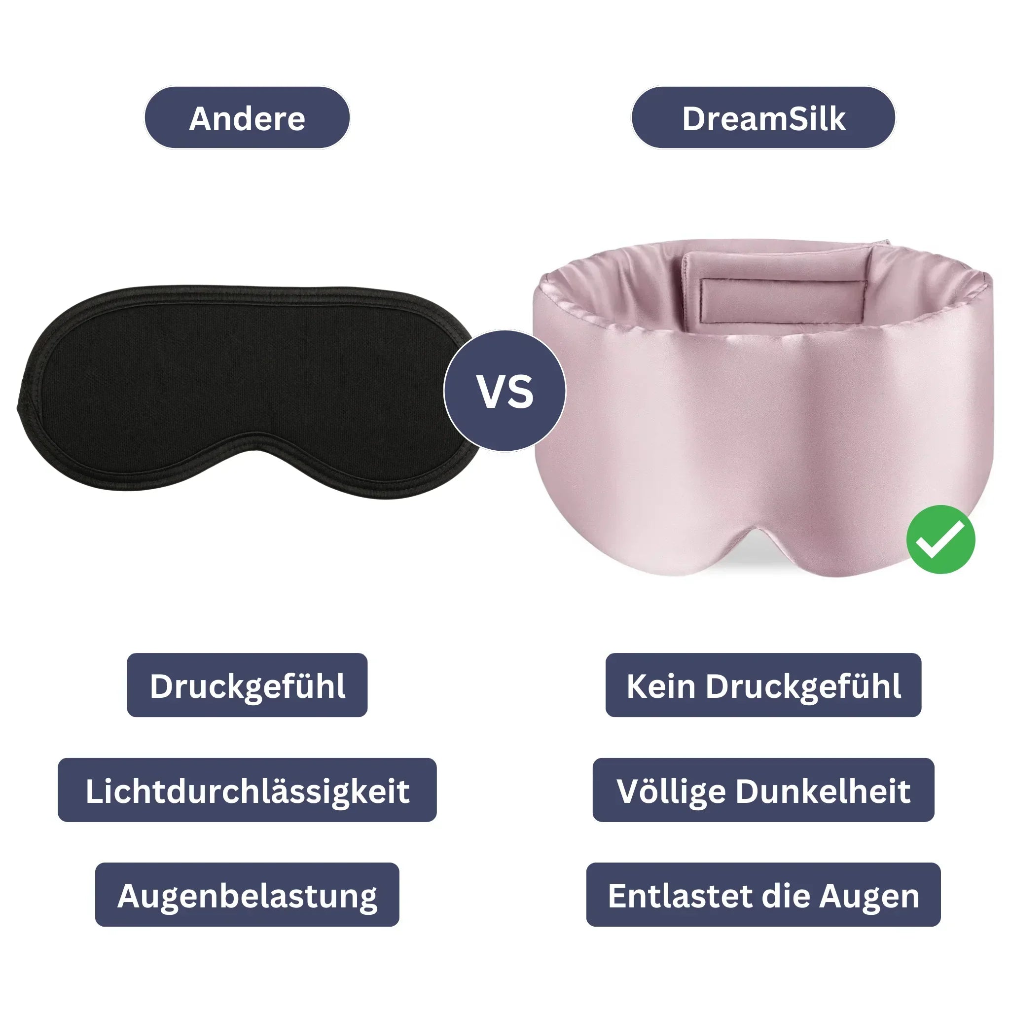 "Samtweiche Schlafmaske aus Seide, dunkelblau, ergonomisches Design, ideal für erholsamen Schlaf und Reisen."