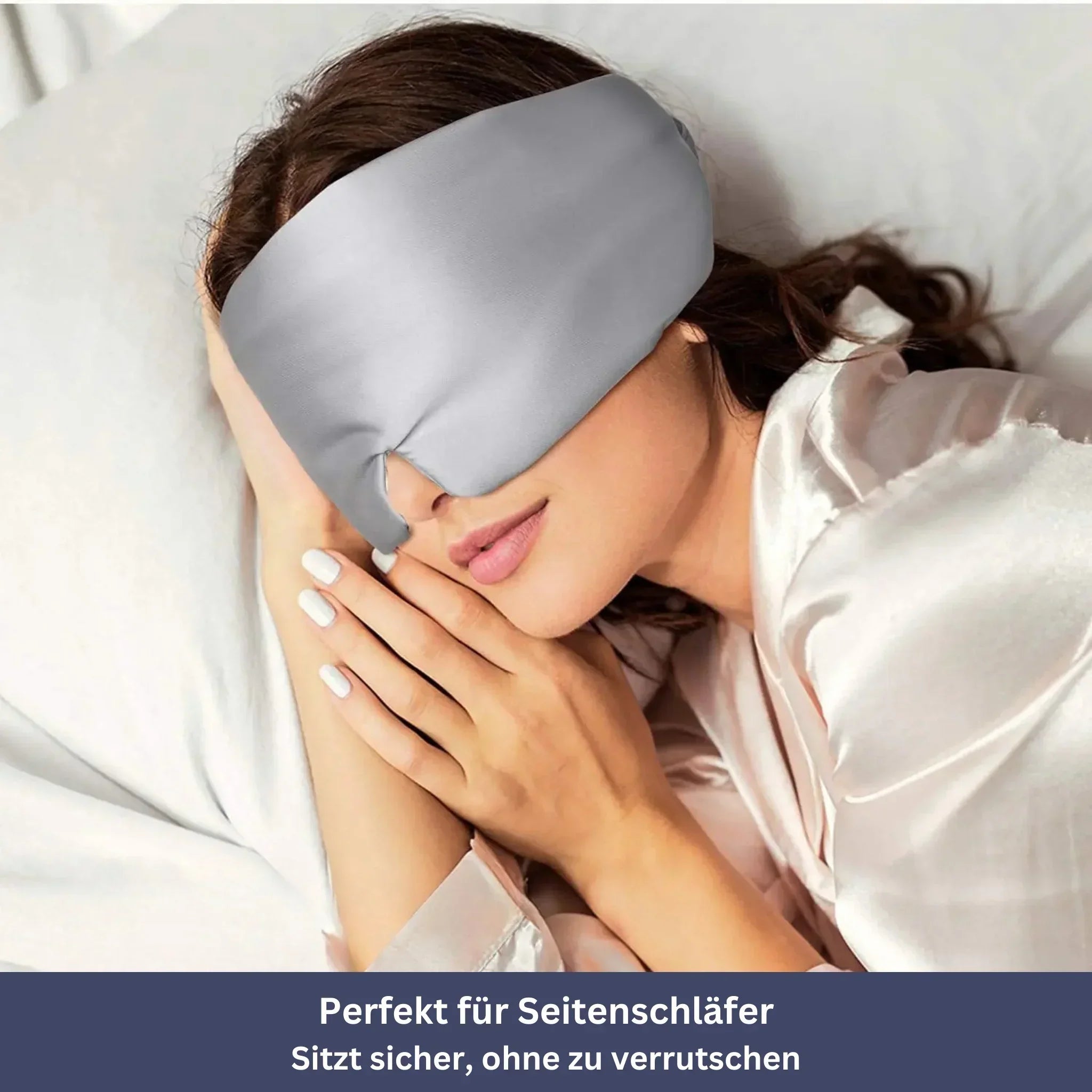 "Samtweiche Schlafmaske aus Seide, dunkelblau, ergonomisches Design, ideal für erholsamen Schlaf und Reisen."