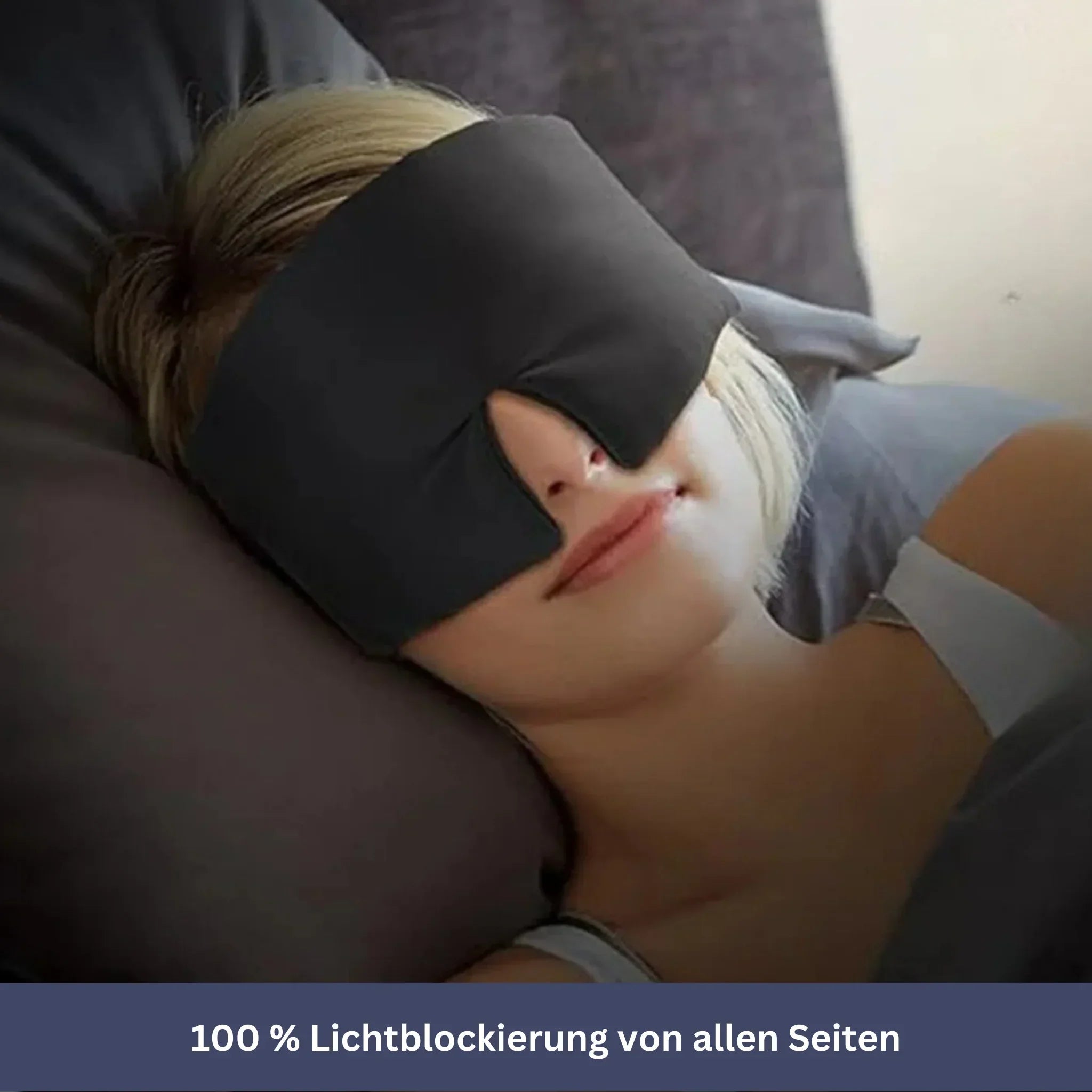 "Samtweiche Schlafmaske aus Seide, dunkelblau, ergonomisches Design, ideal für erholsamen Schlaf und Reisen."