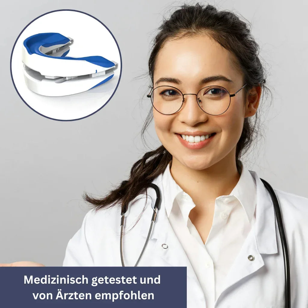 Schnarchschiene für erholsamen Schlaf, ergonomisch, passt sich der Mundform an, reduziert Schnarchen, verbessert Luftfluss.