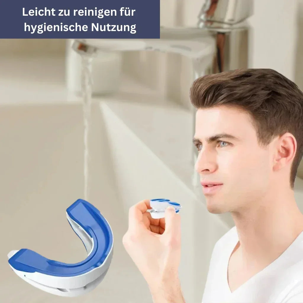 Schnarchschiene für erholsamen Schlaf, ergonomisch, passt sich der Mundform an, reduziert Schnarchen, verbessert Luftfluss.