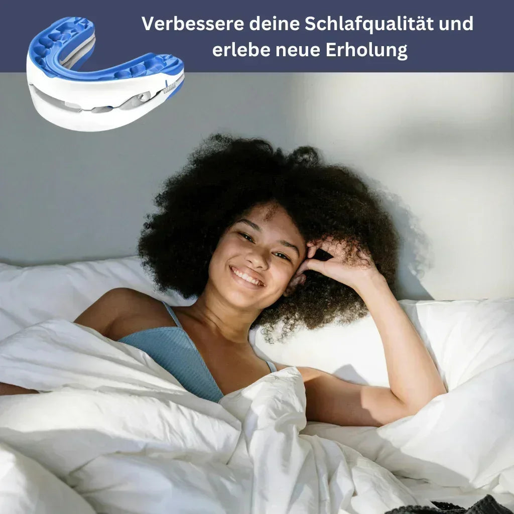 Schnarchschiene für erholsamen Schlaf, ergonomisch, passt sich der Mundform an, reduziert Schnarchen, verbessert Luftfluss.