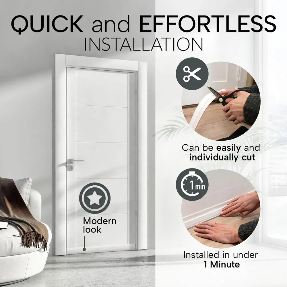 "SilentSeal Türzugluftstopper: Selbstklebend, flexibel, dichte Türbodendichtung gegen Kälte und Lärm, aus Silikon."