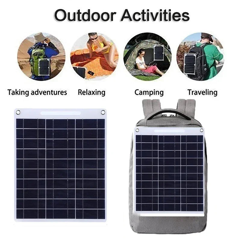 Tragbares 100W Solarpanel mit dualem USB, wetterfest, für Outdoor-Abenteuer, einfach zu montieren an Rucksack oder Zelt.