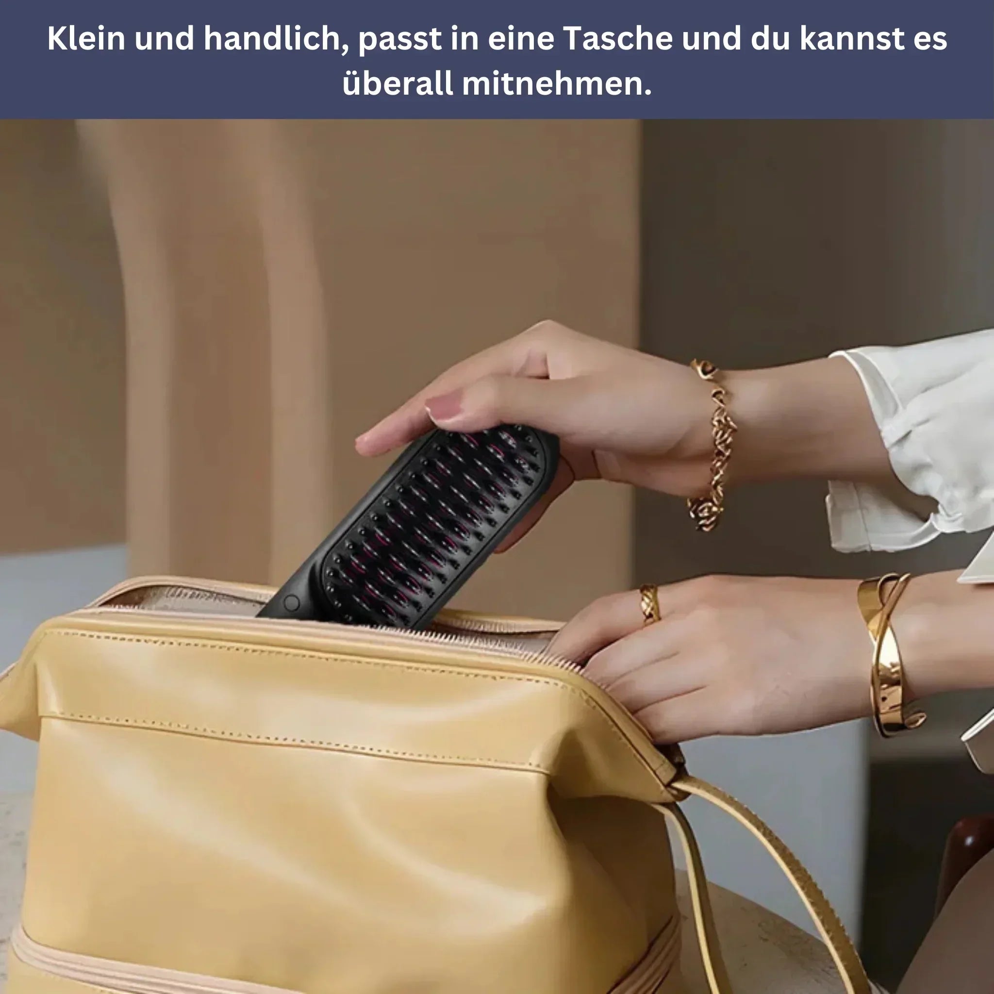 Tragbares, elegantes Styling-Tool in Schwarz und Weiß, ideal für unterwegs; leicht, kompakt und benutzerfreundlich.