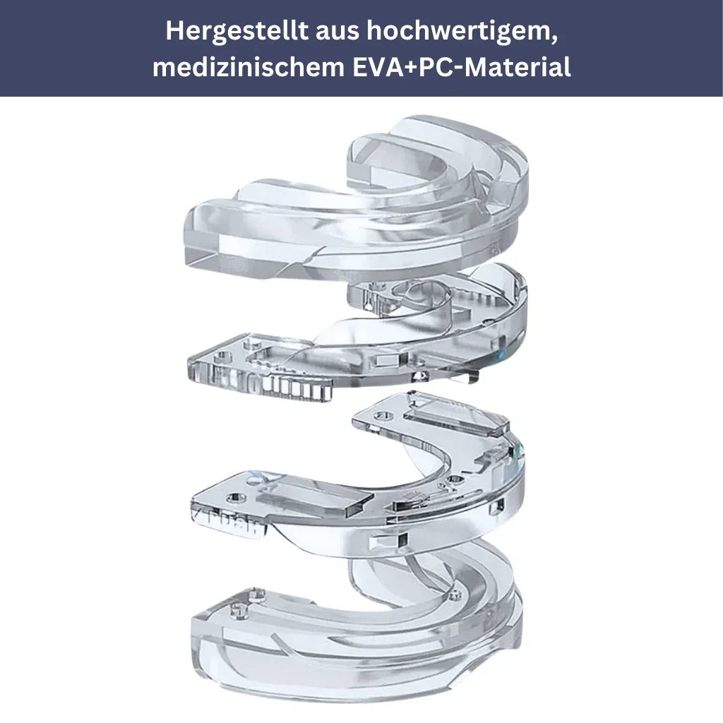 "Transparenter Schnarchschutzeinsatz, ergonomisch geformt für hohen Tragekomfort; verhindert nächtliches Zähneknirschen."