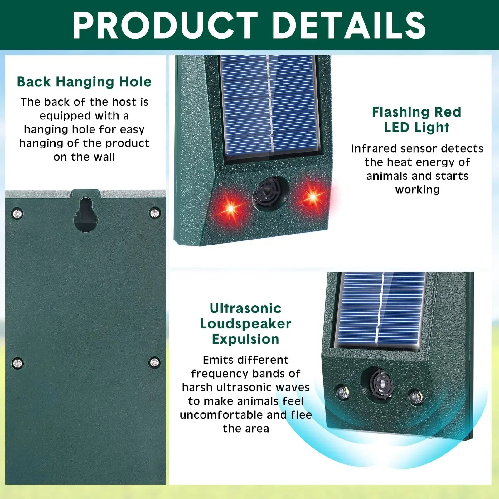 Ultraschall-Vogelvertreiber mit Solarpanel, LED und Bewegungsmelder; wasserdicht, für bis zu 600 m², Garten-Schutz.