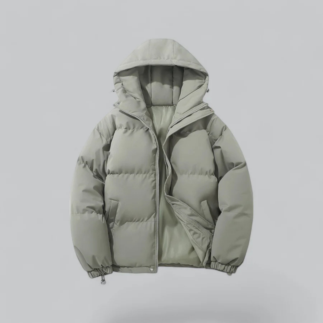 "Unisex Winter Daunenjacke Vorderansicht mit Reißverschluss und Kapuze, isolierende Daunen für kalte Tage, stilvoller Look."