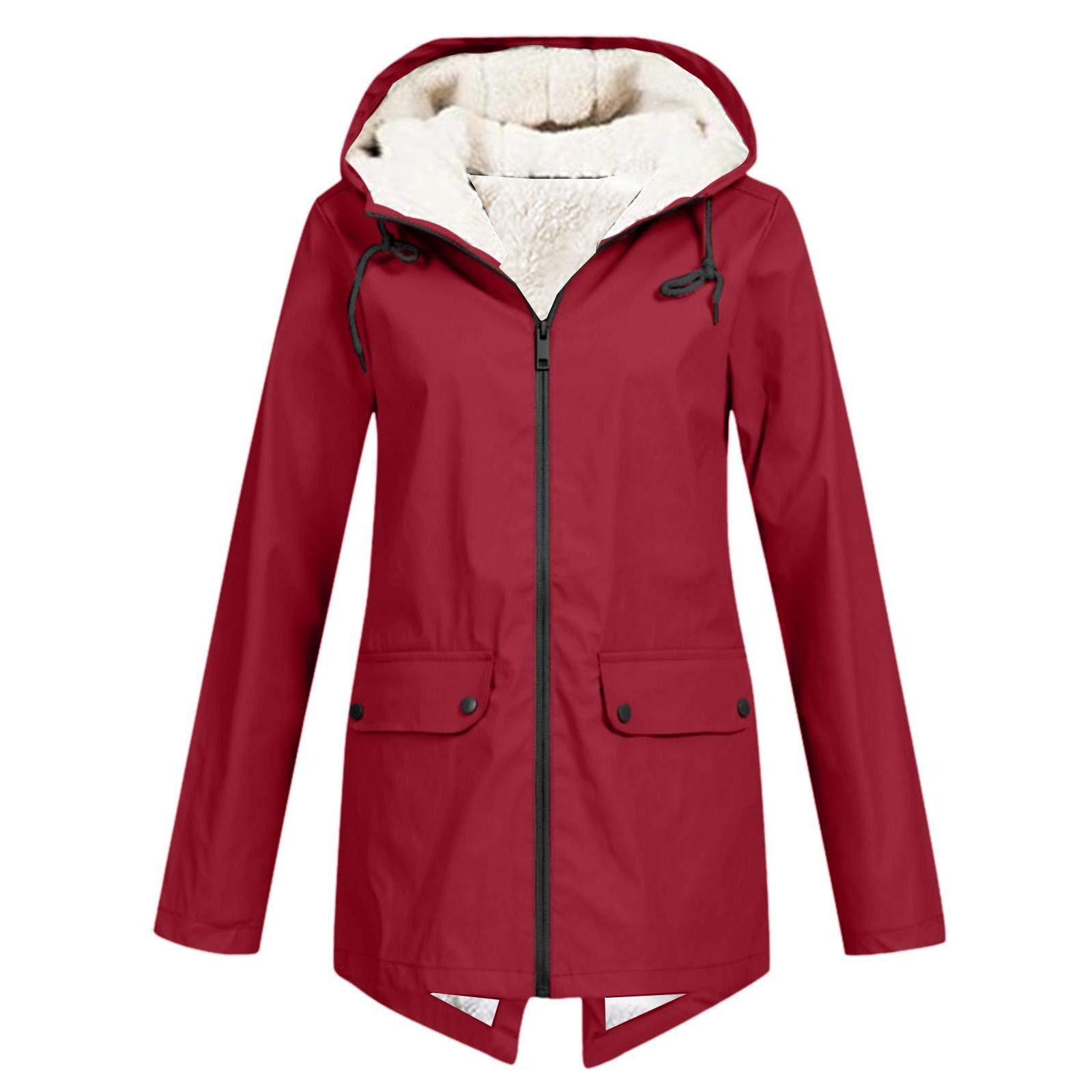 Wasserdichte Damen Regenjacke mit Fleece-Futter, verstellbarer Kapuze und Taschen in elegantem Blau für Outdoor-Abenteuer.