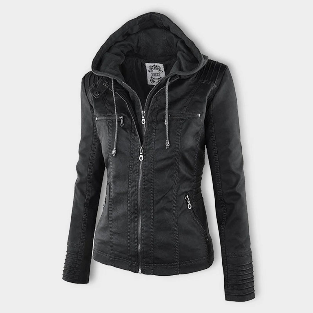 "Wetterfeste Damen Lederjacke mit Kapuze in Schwarz, klassisches Design, elegant und funktional für alle Jahreszeiten."