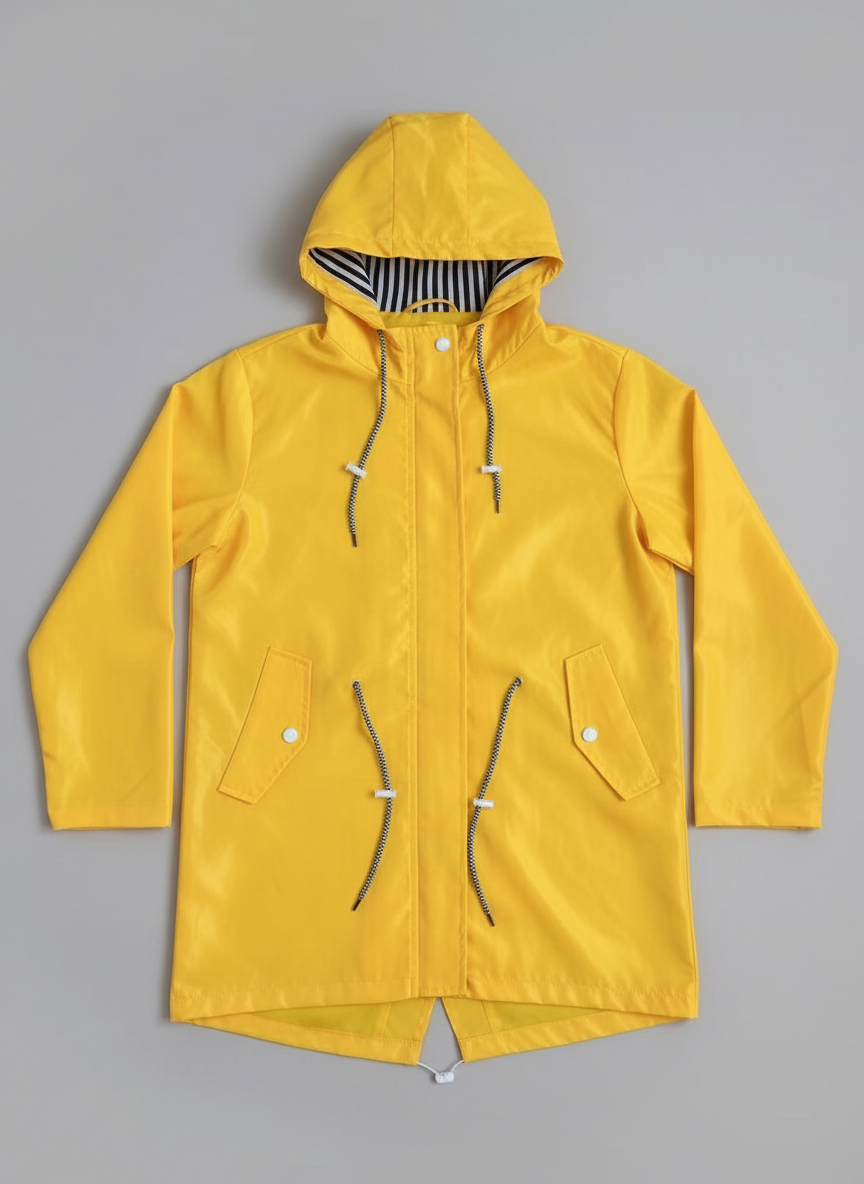 "Wetterfester gelber Mantel mit Kapuze, ideal für Übergangszeiten und urbanen Stil, hält trocken und modisch bei Regen."
