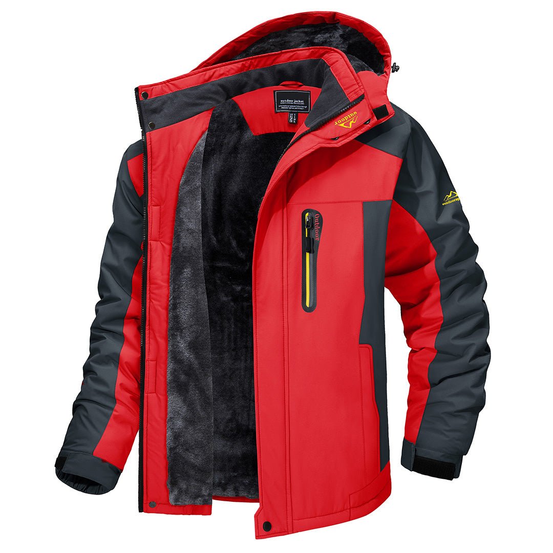 "Winddichte Herren Outdoor-Jacke, robust und stilvoll, in Blau mit Kapuze und funktionalen Details, ideal für Abenteuer."