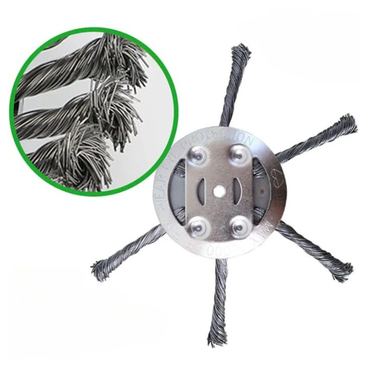 "Effizienter Stahlbürsten-Rasentrimmerkopf mit robusten Stahlborsten zur effektiven Unkrautentfernung in Gärten."