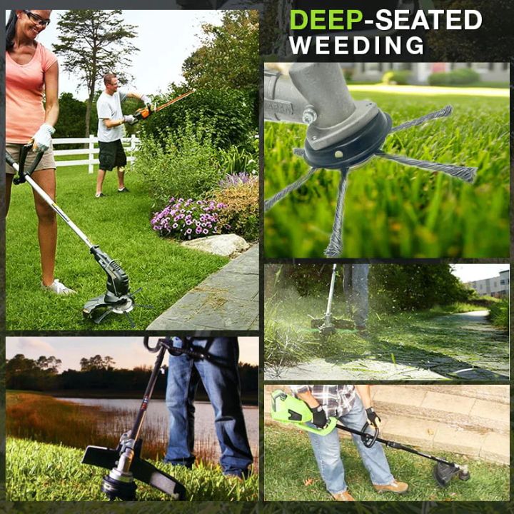 "Effizienter Stahlbürsten-Rasentrimmerkopf mit robusten Stahlborsten zur effektiven Unkrautentfernung in Gärten."