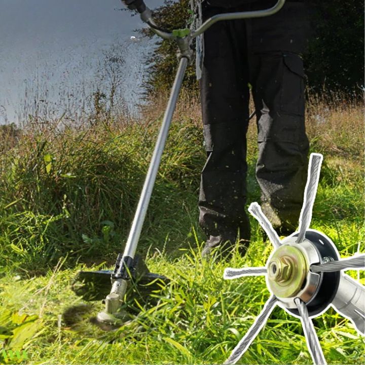 "Effizienter Stahlbürsten-Rasentrimmerkopf mit robusten Stahlborsten zur effektiven Unkrautentfernung in Gärten."