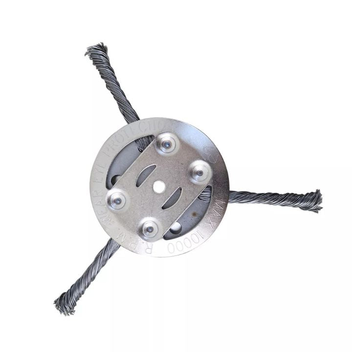 "Effizienter Stahlbürsten-Rasentrimmerkopf mit robusten Stahlborsten zur effektiven Unkrautentfernung in Gärten."