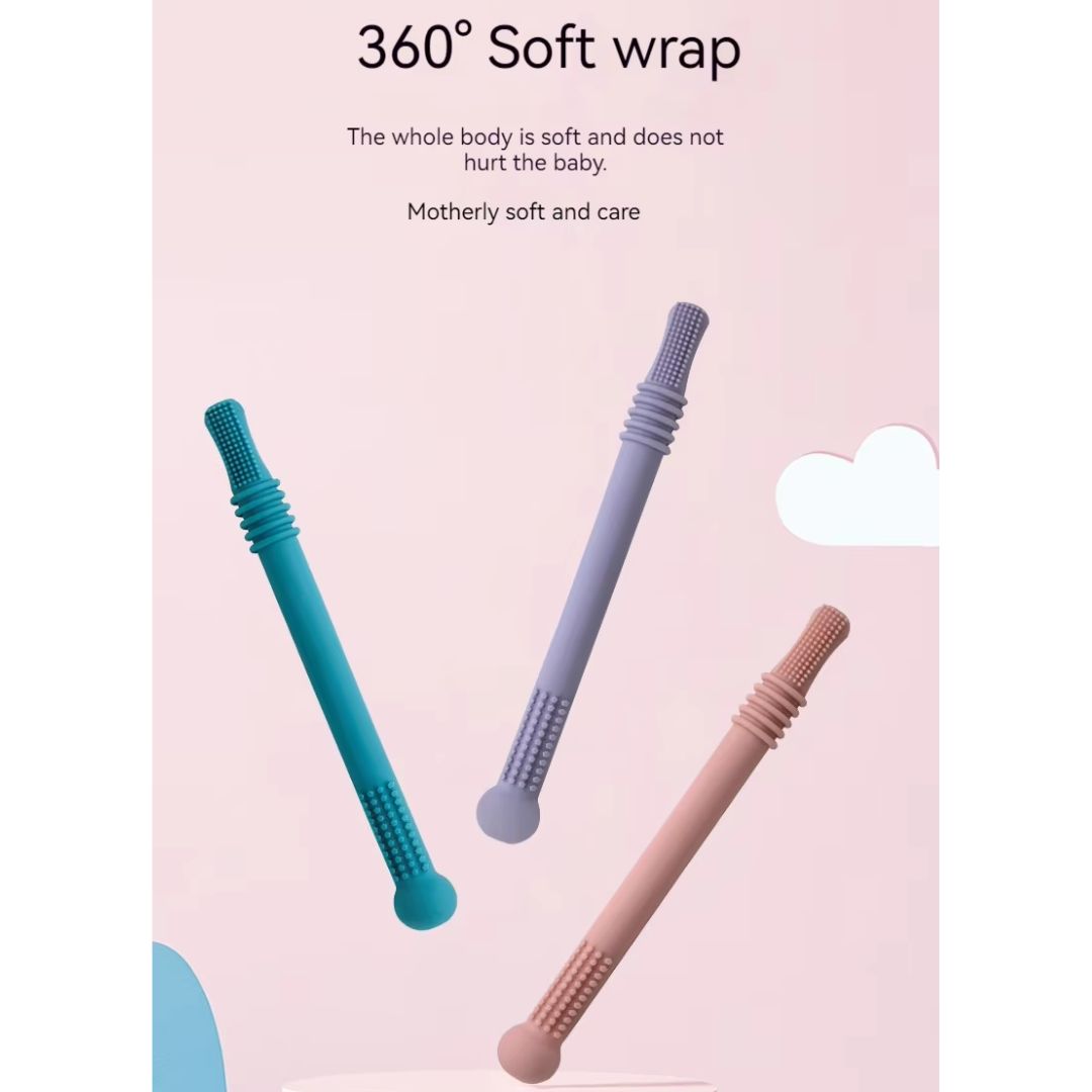 "Sanftes, BPA-freies Silikon Beißröhrchen für Babys, ergonomisch geformt zur Zahnfleischmassage und einfacher Handhabung."