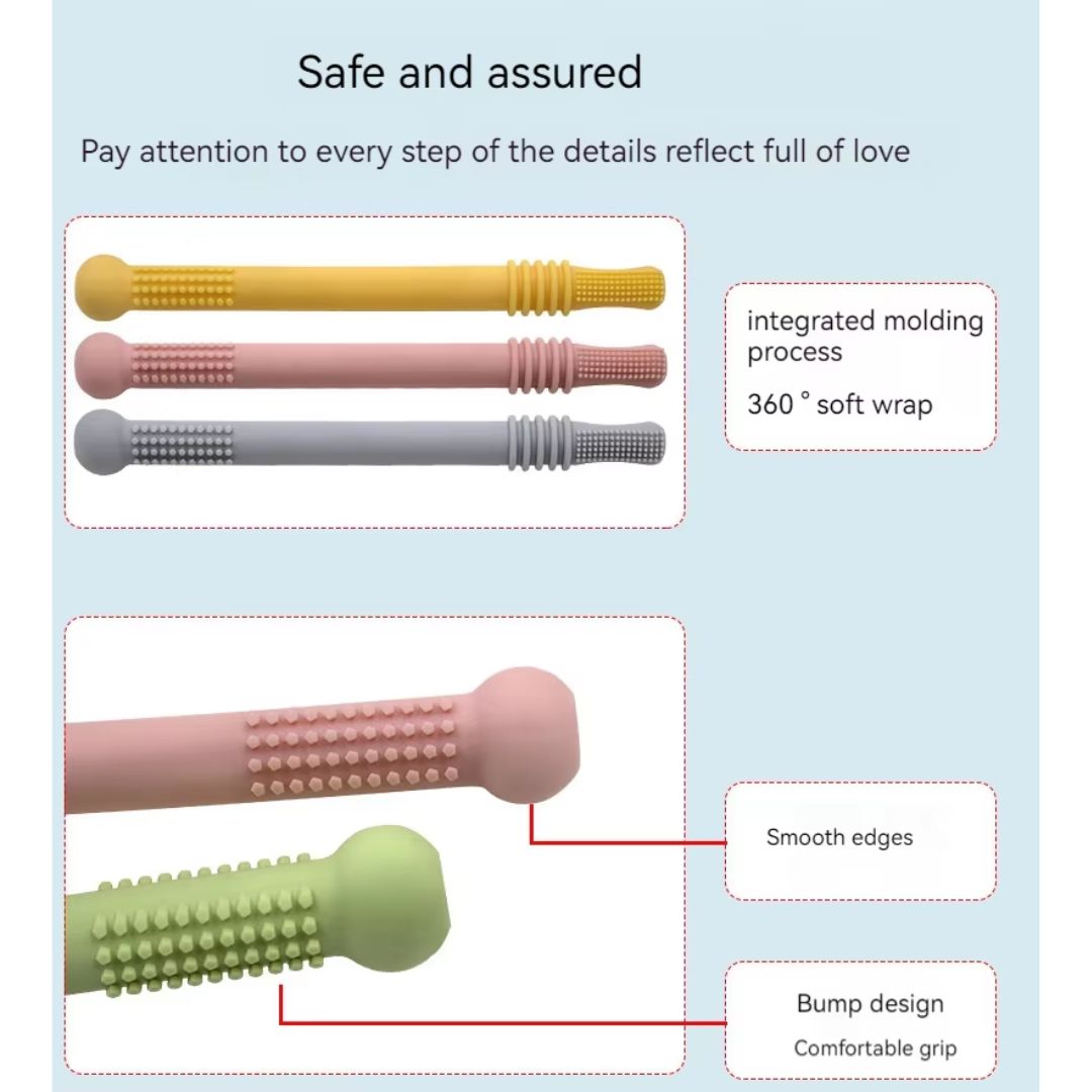 "Sanftes, BPA-freies Silikon Beißröhrchen für Babys, ergonomisch geformt zur Zahnfleischmassage und einfacher Handhabung."