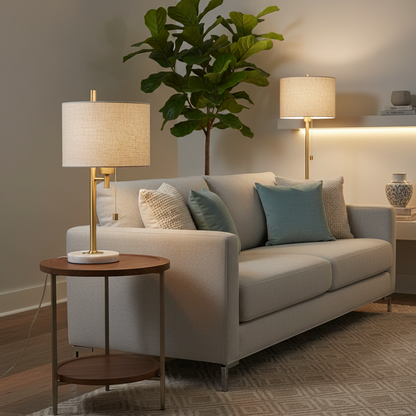 Tischlampe Stoffschirm & Messing – Modern & Elegant