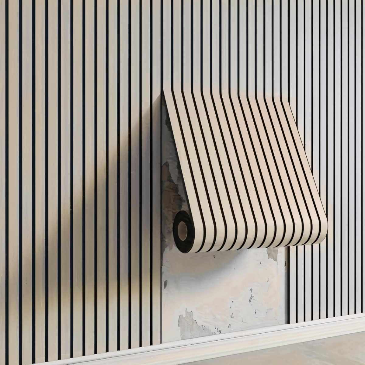 "3D Akupanel, selbstklebende Holzpaneele in Beige und Hellbraun, elegantes Wanddesign für luxuriöses Wohnambiente."