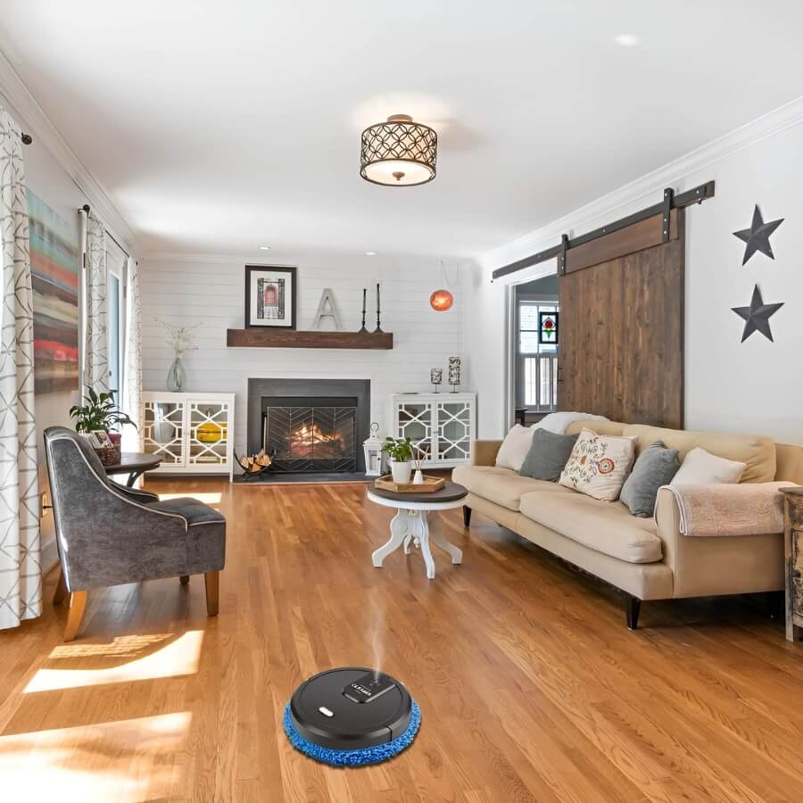 "3-in-1 Saug- und Wischroboter, kompakt, leise, selbstaufladend; passend für Hartböden und Teppiche in Rot, Schwarz, Weiß."