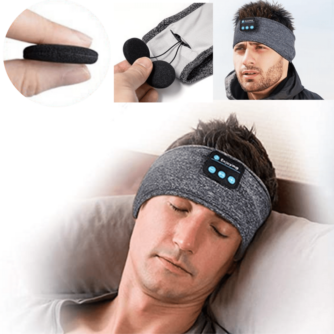 "3-in-1 Schlafmaske in Grau/Schwarz mit Bluetooth-Kopfhörern, leichtes Material für optimalen Komfort und besseren Schlaf."