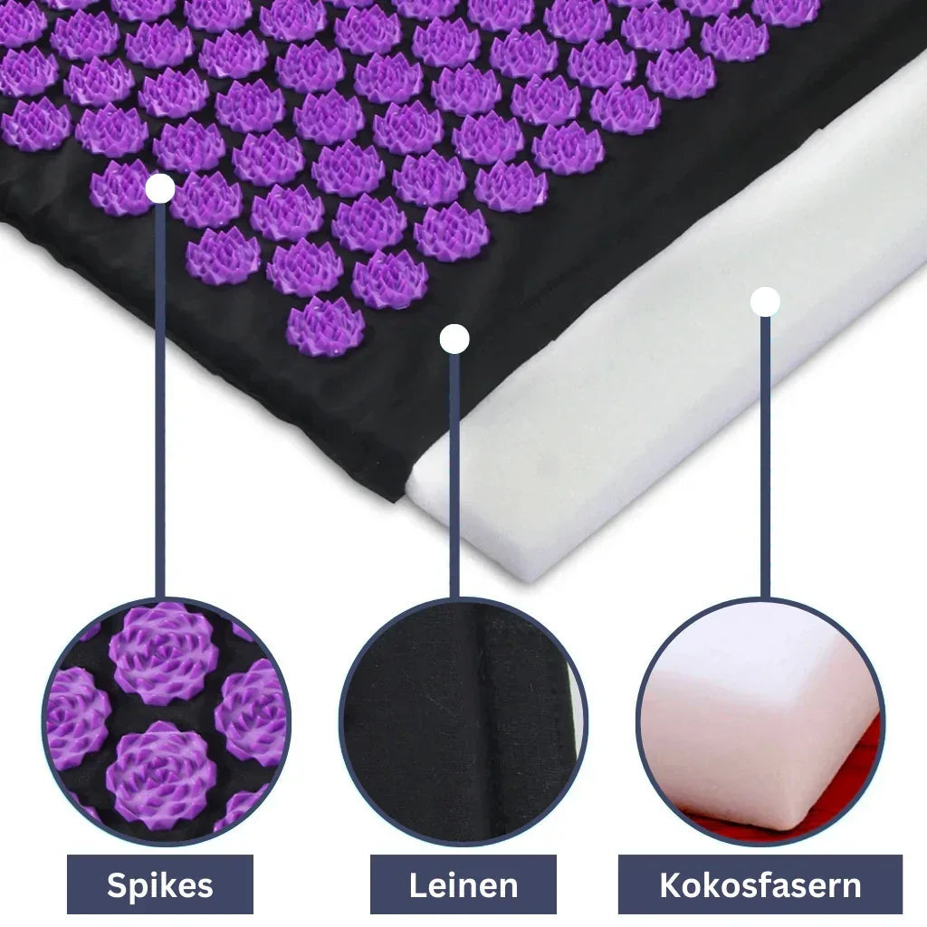 "AkupressurMassage-Matte mit Nadelpunkten zur Schmerzlinderung und Entspannung in eleganten Farben im Einsatz"