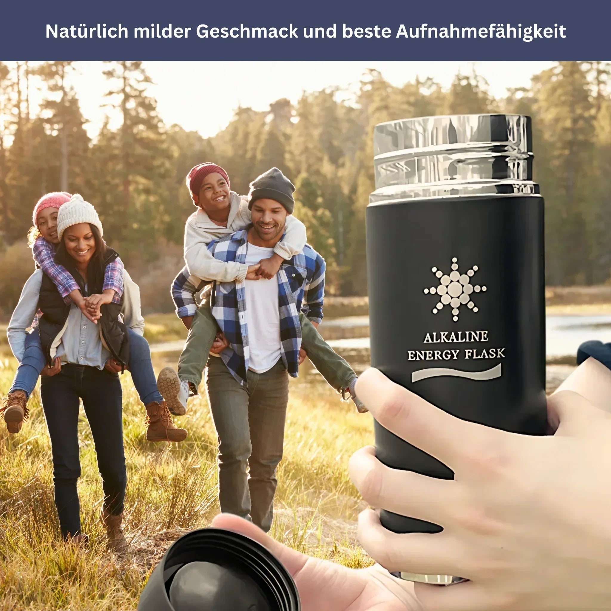 "AquaBalance alkalische Filterflasche unterwegs, gesundes Wasser, modernes Design, robust, ideal für Reisen und Sport."
