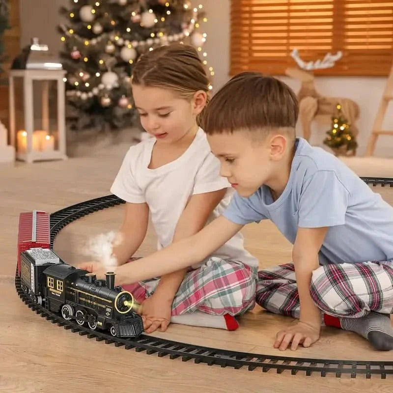 "Bezaubernder elektrischer Weihnachtszug auf flexiblen Schienen, bunte Wagen, festliche Details, ideal für Kinder."