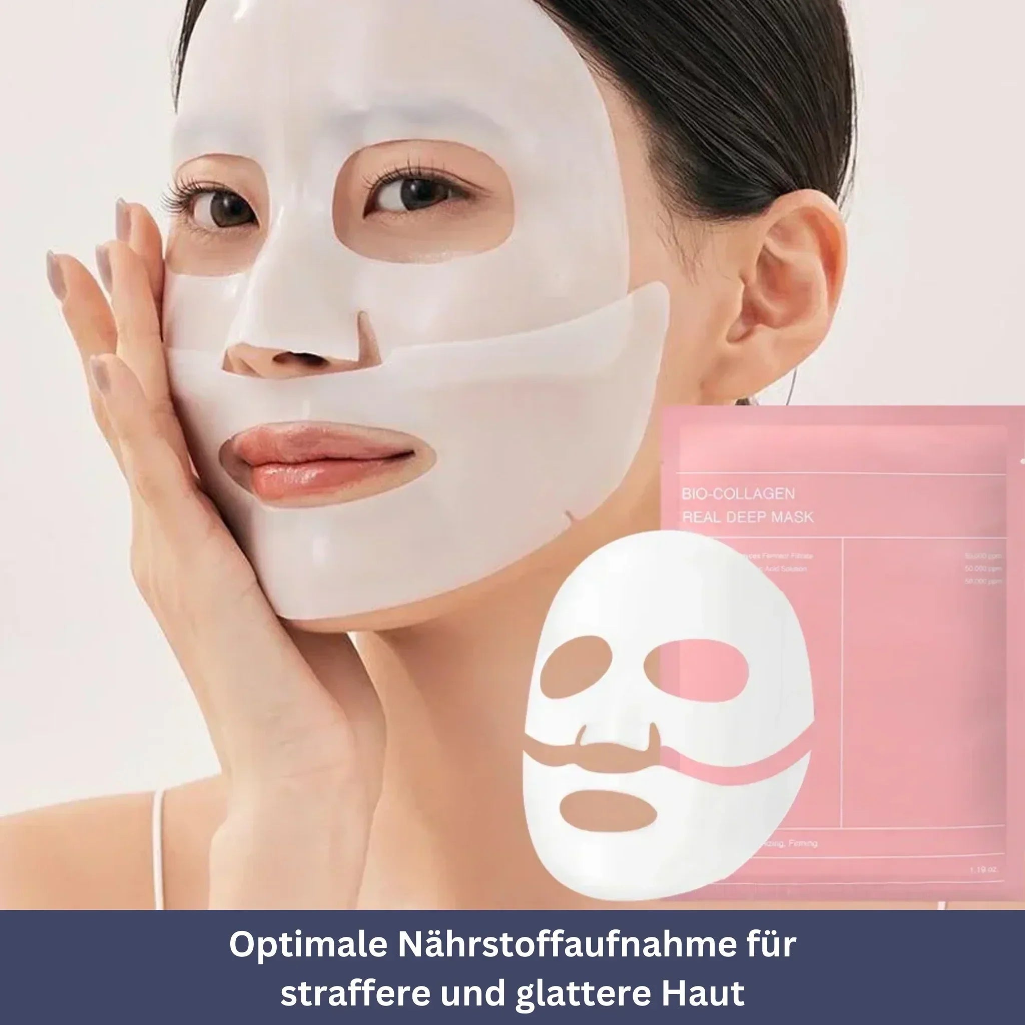 "Bio Kollagen Gesichtsmaske für intensive Feuchtigkeit, zarte Textur, ideal für strahlenden Teint und alle Hauttypen."
