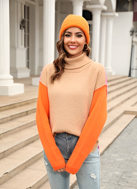 "Damen Farbblock Rollkragenpullover, lebendige Farben, hoher Kragen, gemütlich, ideal für Herbst/Winter"