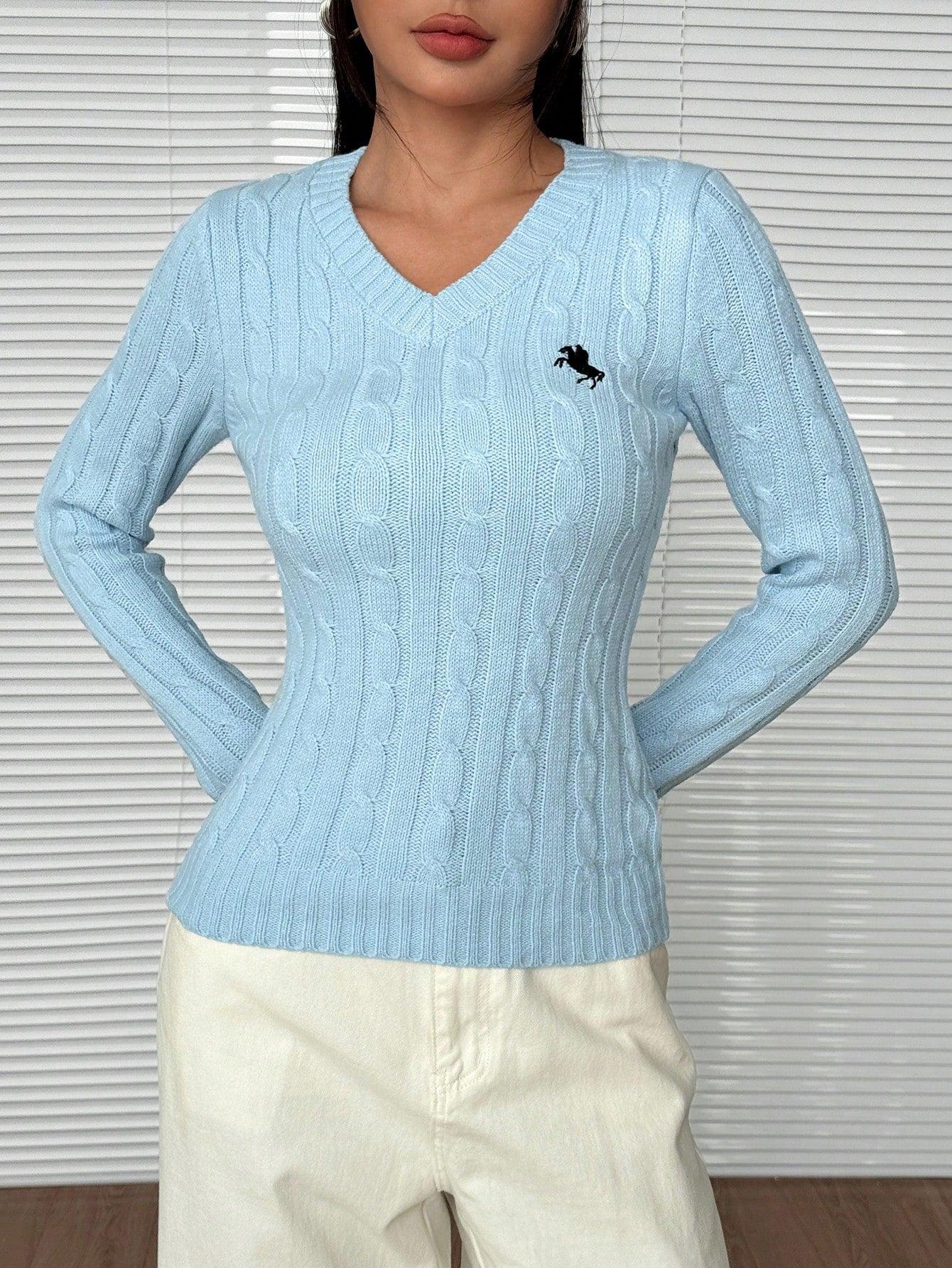 "Damen Kabelstrickpullover mit V-Ausschnitt, elegantes Design, kabelgestrickte Struktur, vielseitig und komfortabel."