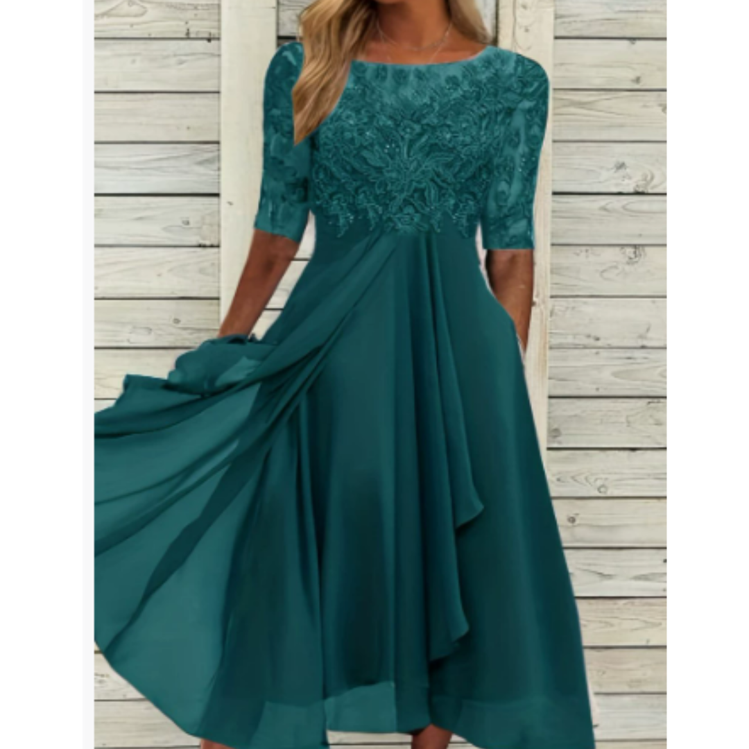 "Damen Plissee Rundhals Midi-Kleid in Beige mit elegantem Design, ideal für vielseitige Anlässe und komfortable Passform."