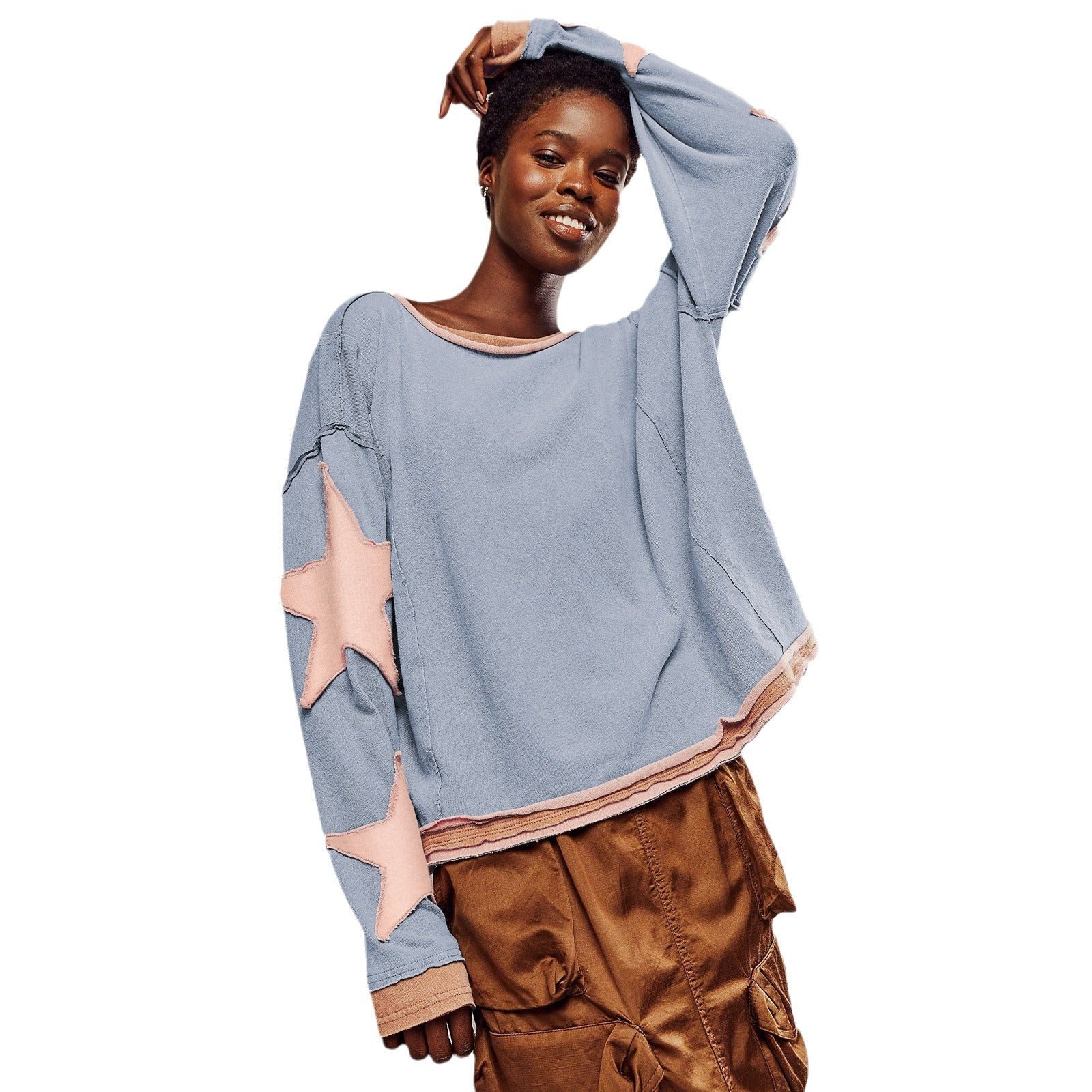 "Damen Sweatshirt mit Streifen, funkelnden Sternapplikationen, weichem Stoff; moderner, lässiger Stil, komfortbetont"