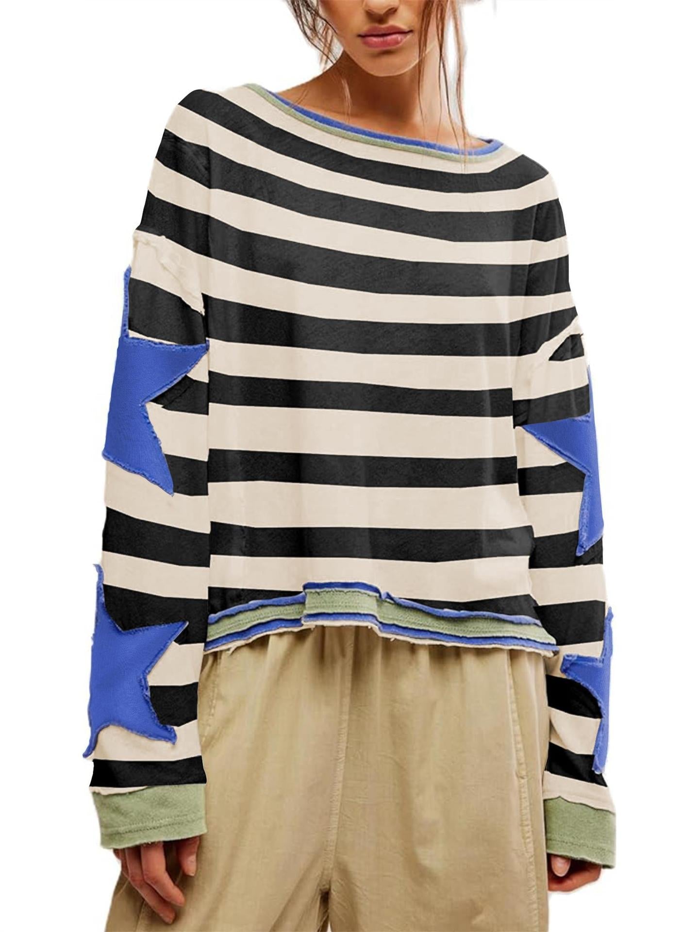 "Damen Sweatshirt mit Streifen, funkelnden Sternapplikationen, weichem Stoff; moderner, lässiger Stil, komfortbetont"