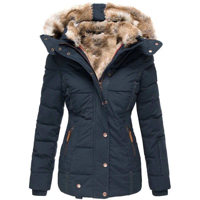 "Damen Winterjacke mit Pelzkapuze, wind- und wasserabweisend, elegante Passform, warmes Pelzfutter, stilvoll in Blau."