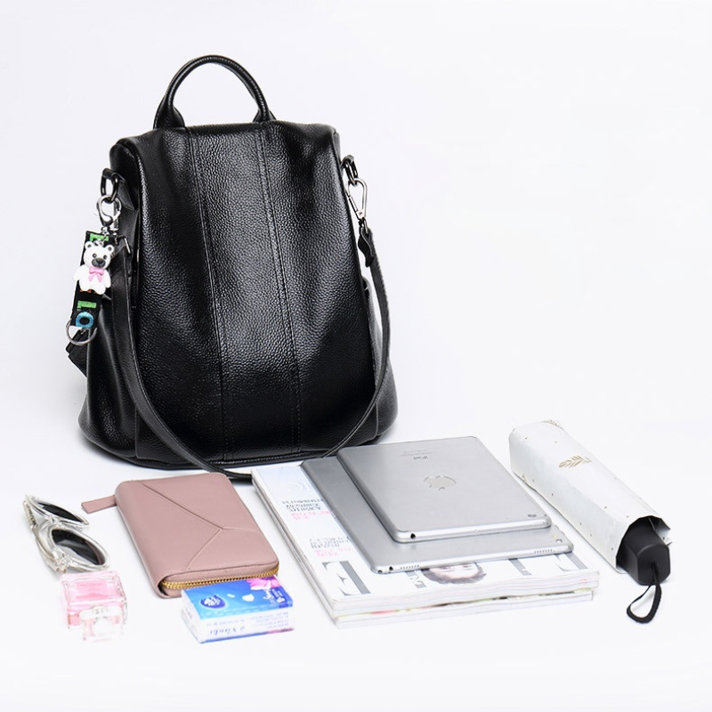 "Diebstahlsicherer Lederrucksack für Damen, braun, flexibel tragbar mit verstecktem Rückenzugang und schnittfestem Design."