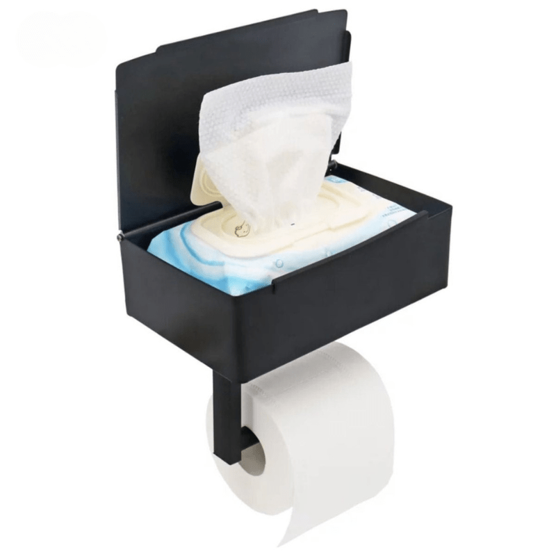 "Edelstahl Toilettenpapierhalter mit wasserdichtem Fach, Detailansicht. Elegantes und funktionales Design für Ihr Bad."