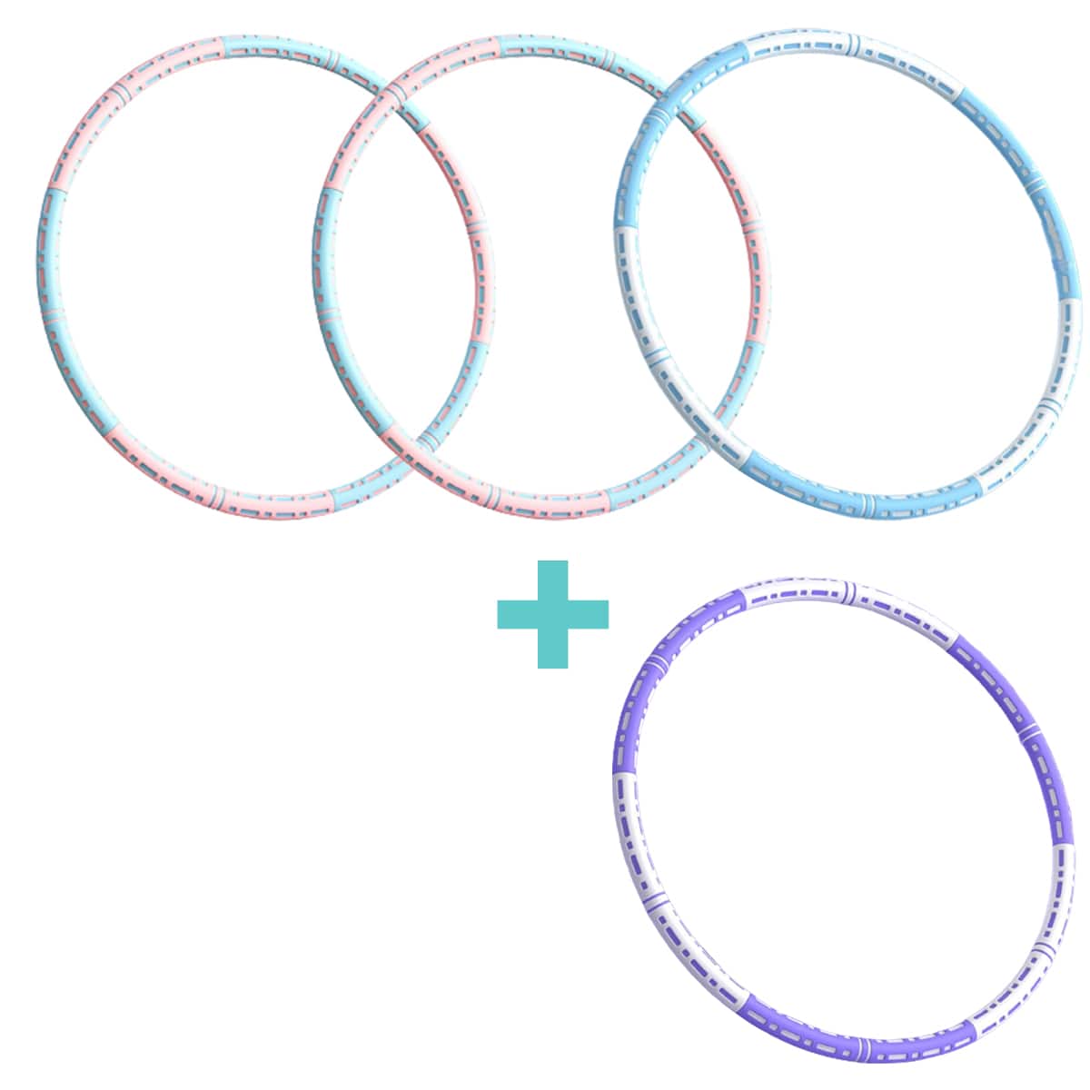 Effektiver Hula Hoop Pro mit Metallkern in Blau-weiß, Lila-weiß oder Pink-blau für Massage und Fitness.