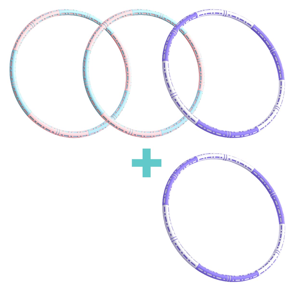 Effektiver Hula Hoop Pro mit Metallkern in Blau-weiß, Lila-weiß oder Pink-blau für Massage und Fitness.