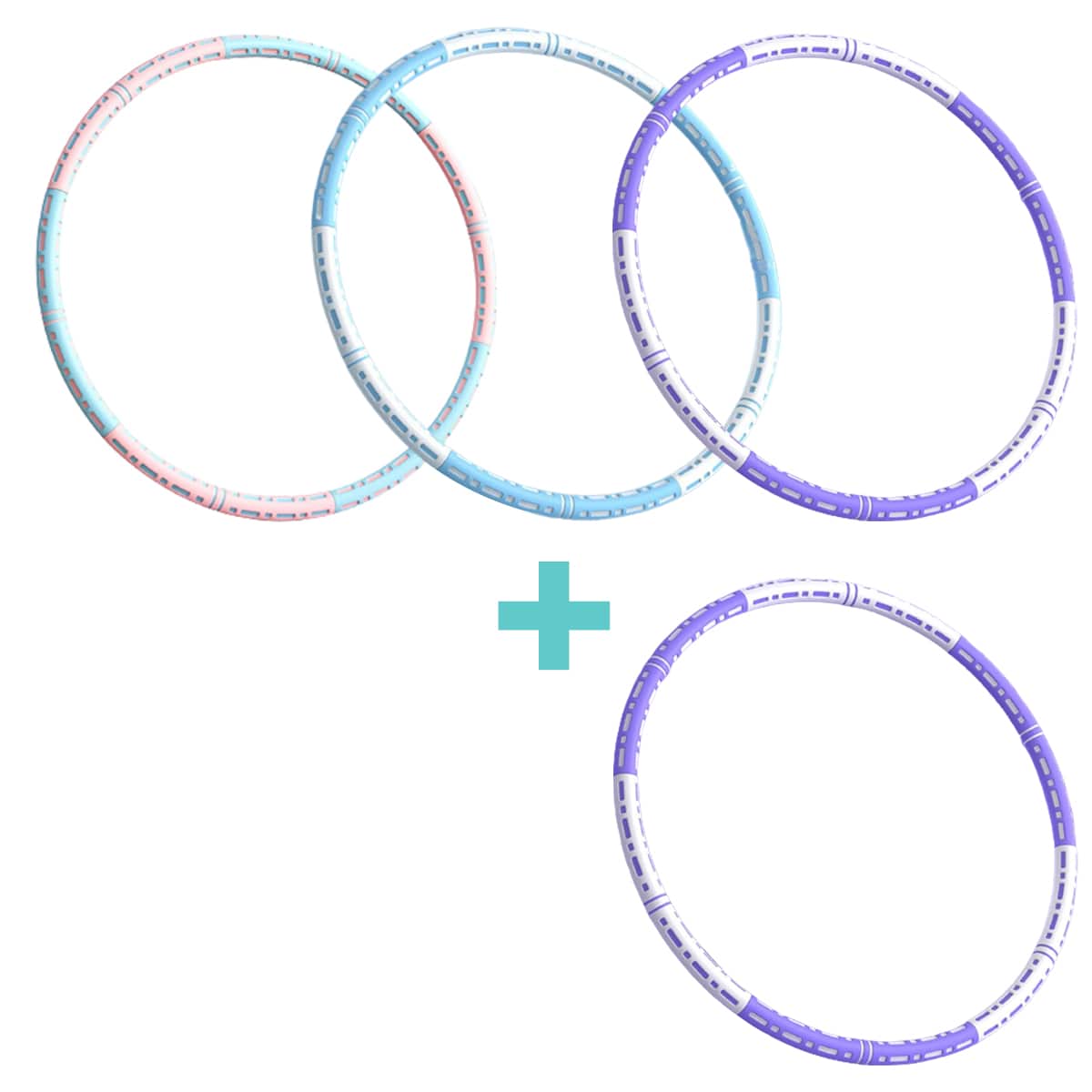 Effektiver Hula Hoop Pro mit Metallkern in Blau-weiß, Lila-weiß oder Pink-blau für Massage und Fitness.