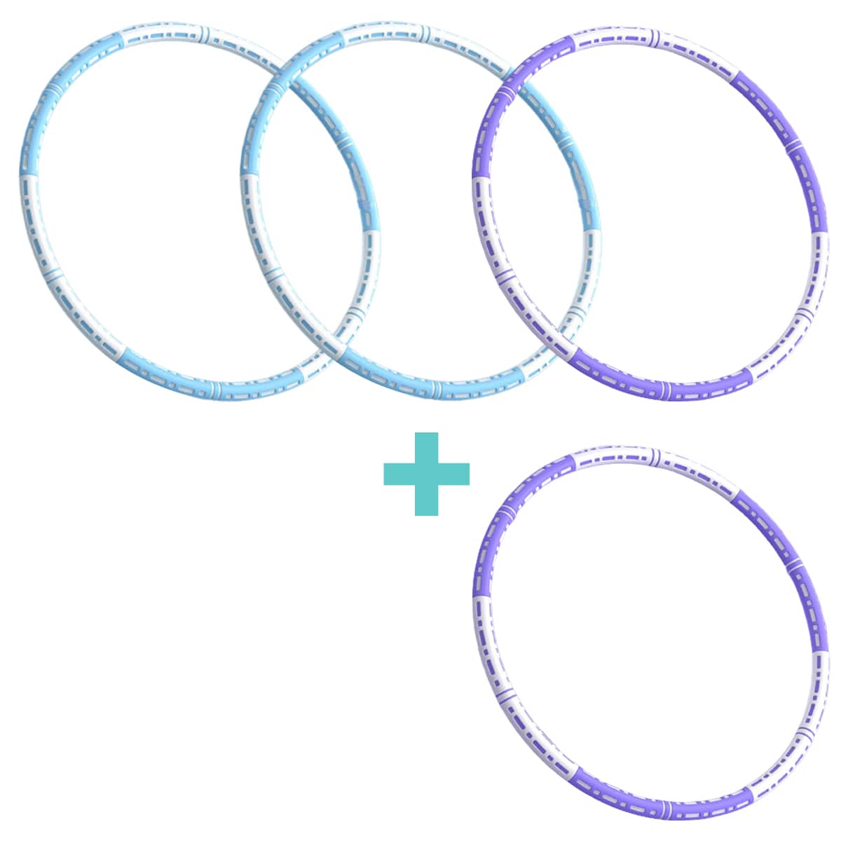 Effektiver Hula Hoop Pro mit Metallkern in Blau-weiß, Lila-weiß oder Pink-blau für Massage und Fitness.